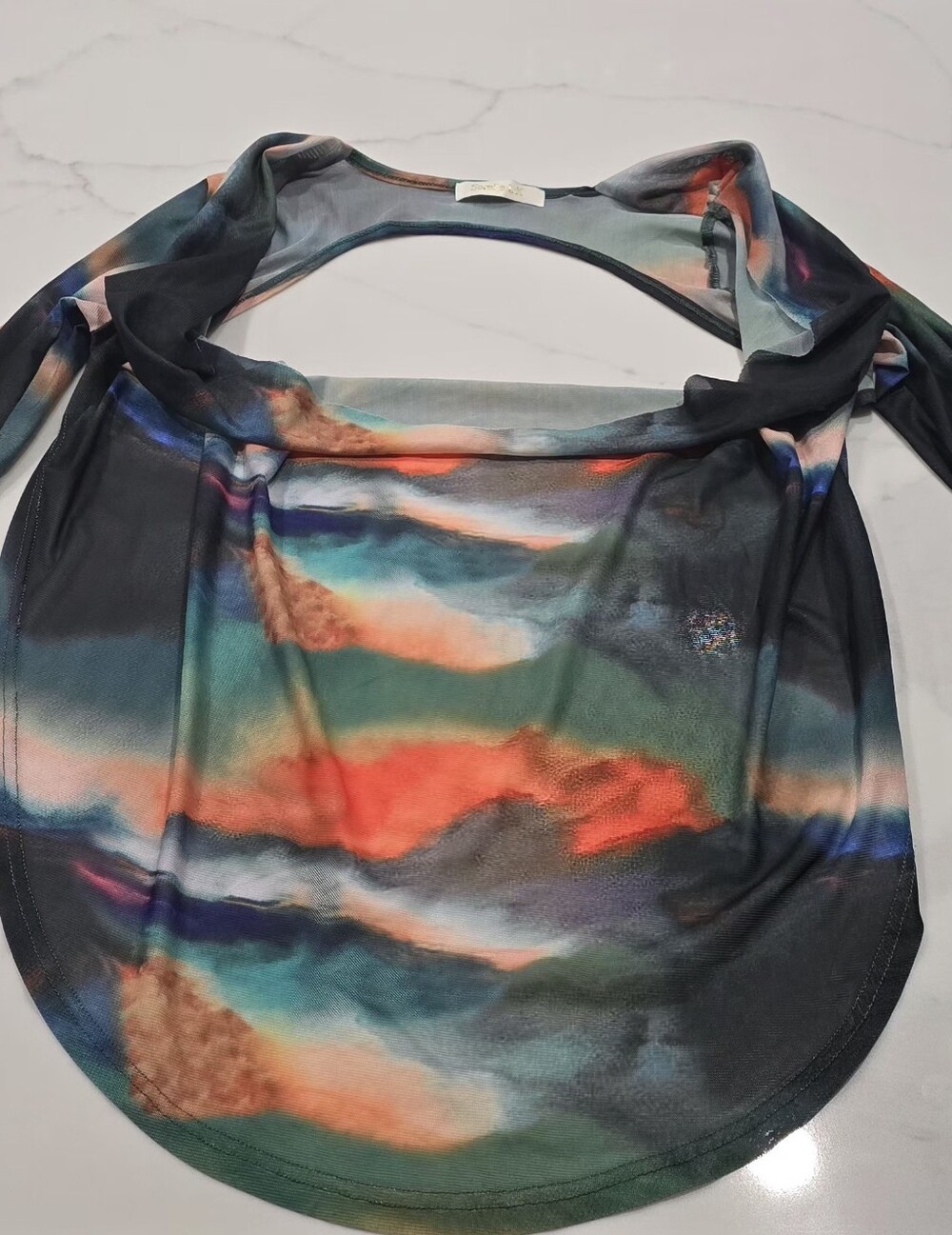 Sorelle UK Women's XS Mesh Top Abstract Watercolor Tie Dye Open Back Long Sleeve